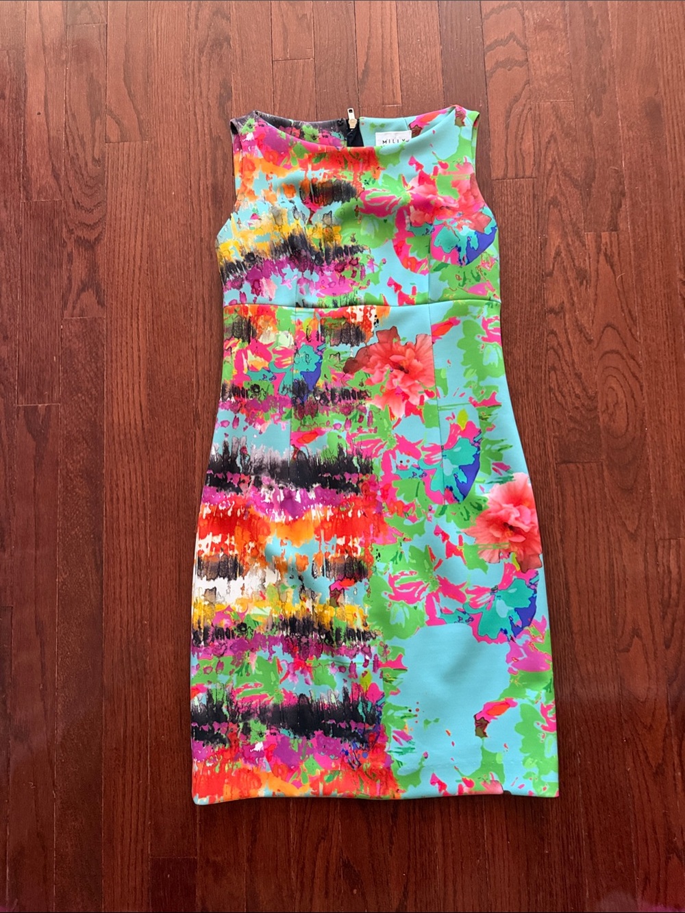 Milly Aqua Dress with Neon Pink & Lime Abstract Print